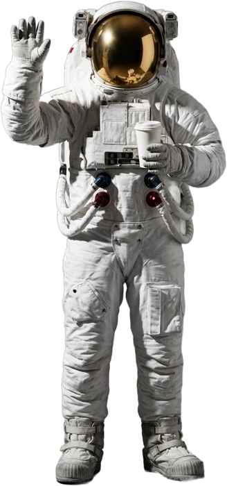 An astronaut waving, holding a coffee cup